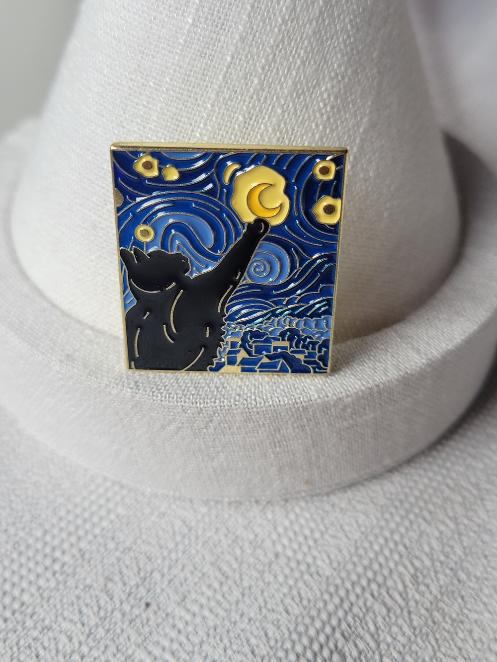Cat Reaching for Moon Enamel Pin - Starry Night Style 2/$15